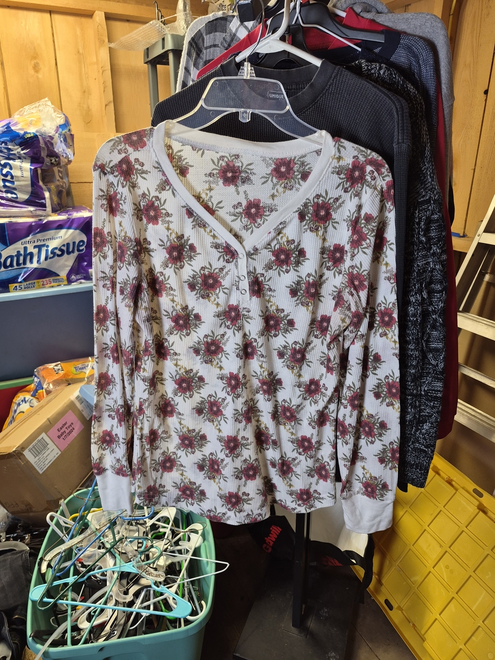 Bobbie Brooks Burgundy Floral Henley Long Sleeve Top on Cream Bin 64